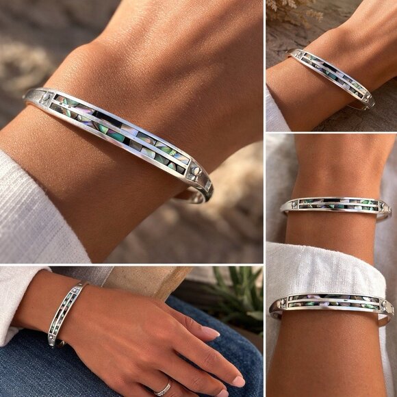 Vintage Taxco Mexico 925 Sterling Silver Abalone Bangle - Picture 2 of 13